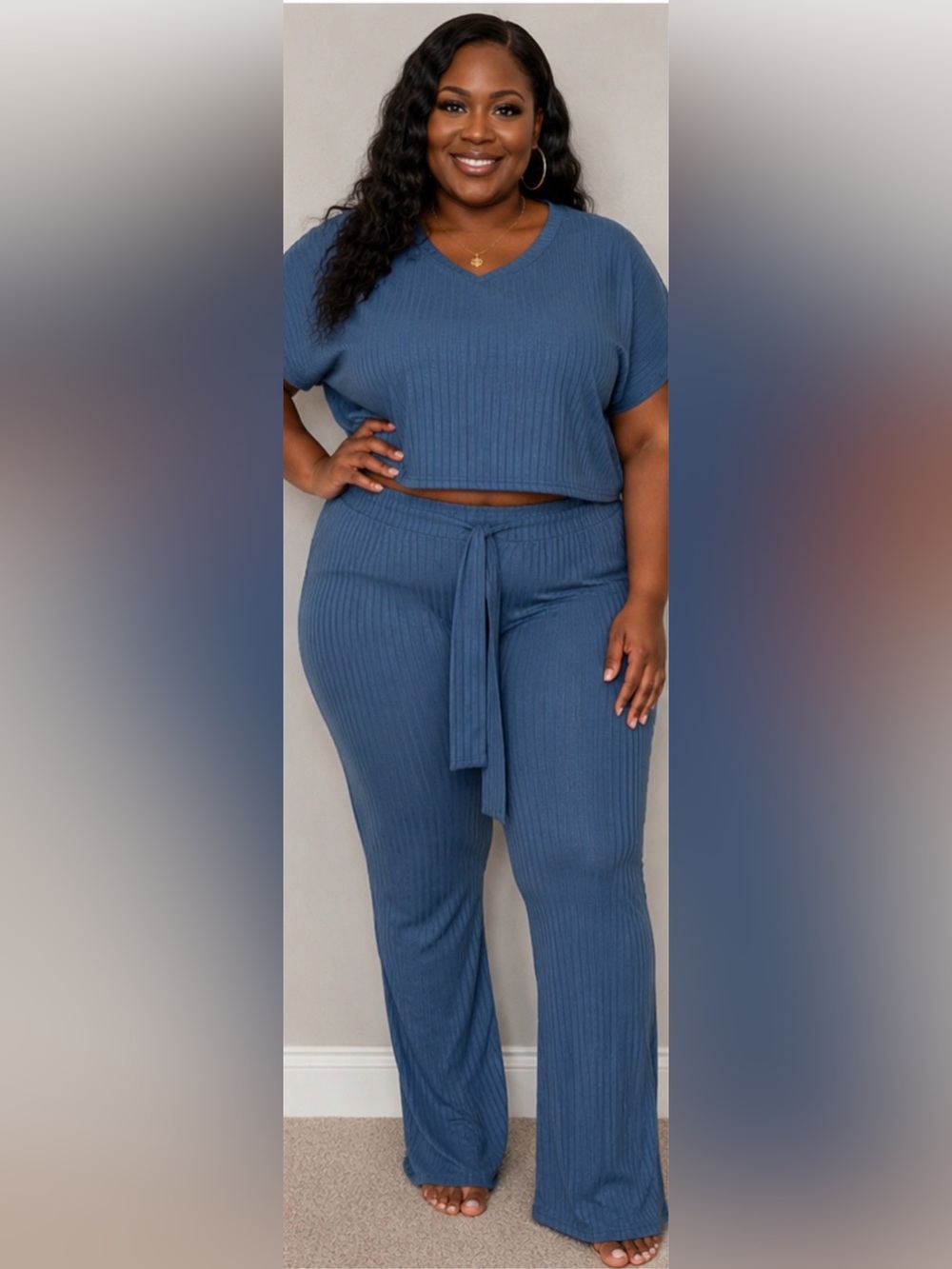Fashion Nova NWT Ribbed Crop Top and Tie-Waist Pants Set in Slate Blue